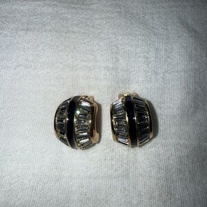 VINTAGE CHRISTIAN DIOR Black Enamel & Baguette Crystal Huggie Earrings 1980s